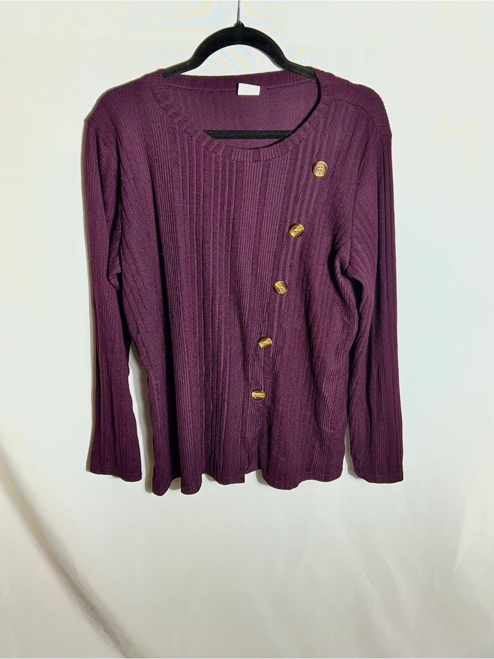 XIEERDUO Plum Ribbed Knit Sweater Gold Button Detail Stretch Top Size XL